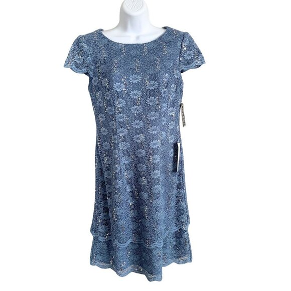 NEW Alex Evenings Lace Sequins Cap Sleeve Blue Cocktail Dress Size 6 - Picture 1 of 11